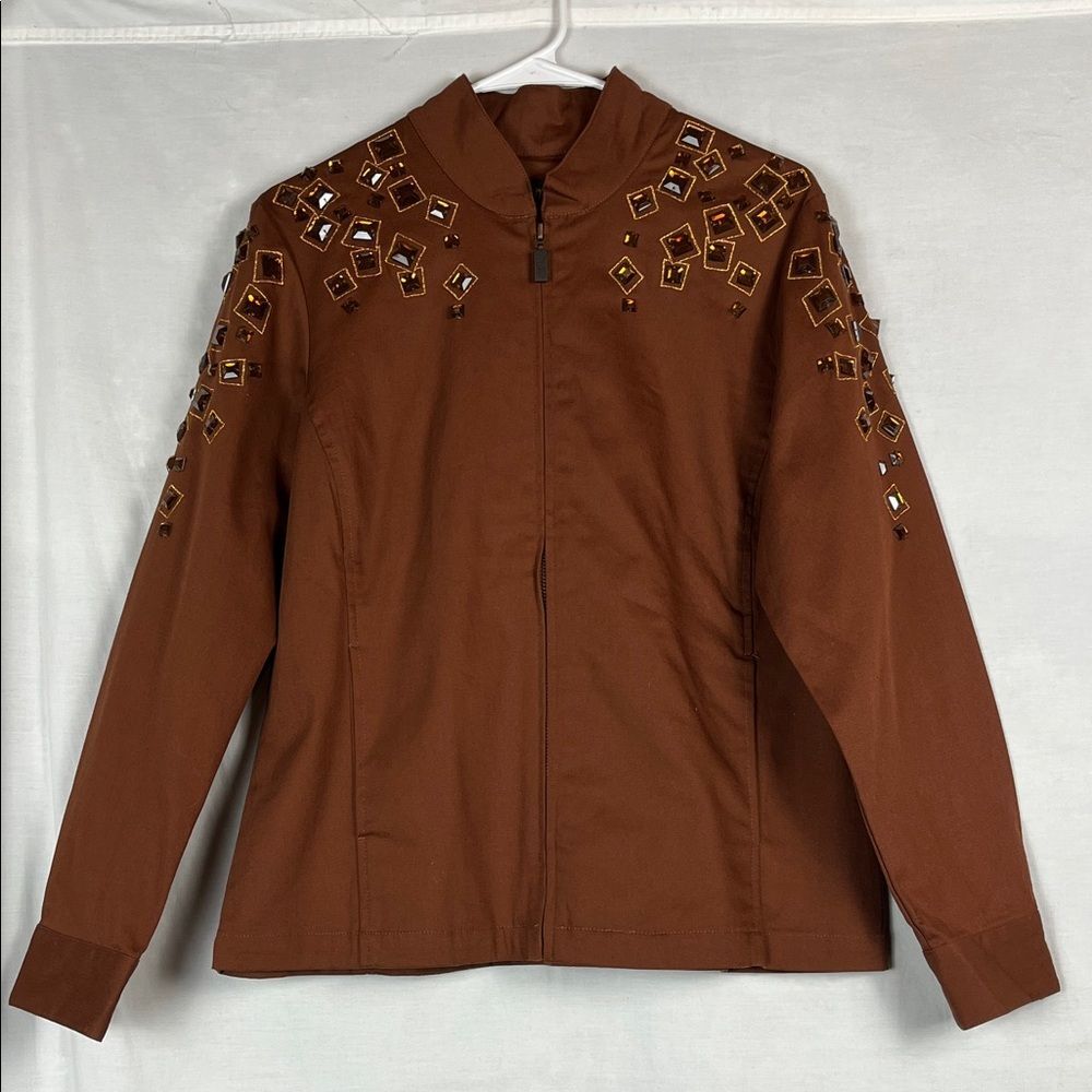 Brown Jeweled Bob Mackie Zip Up Light Jacket
